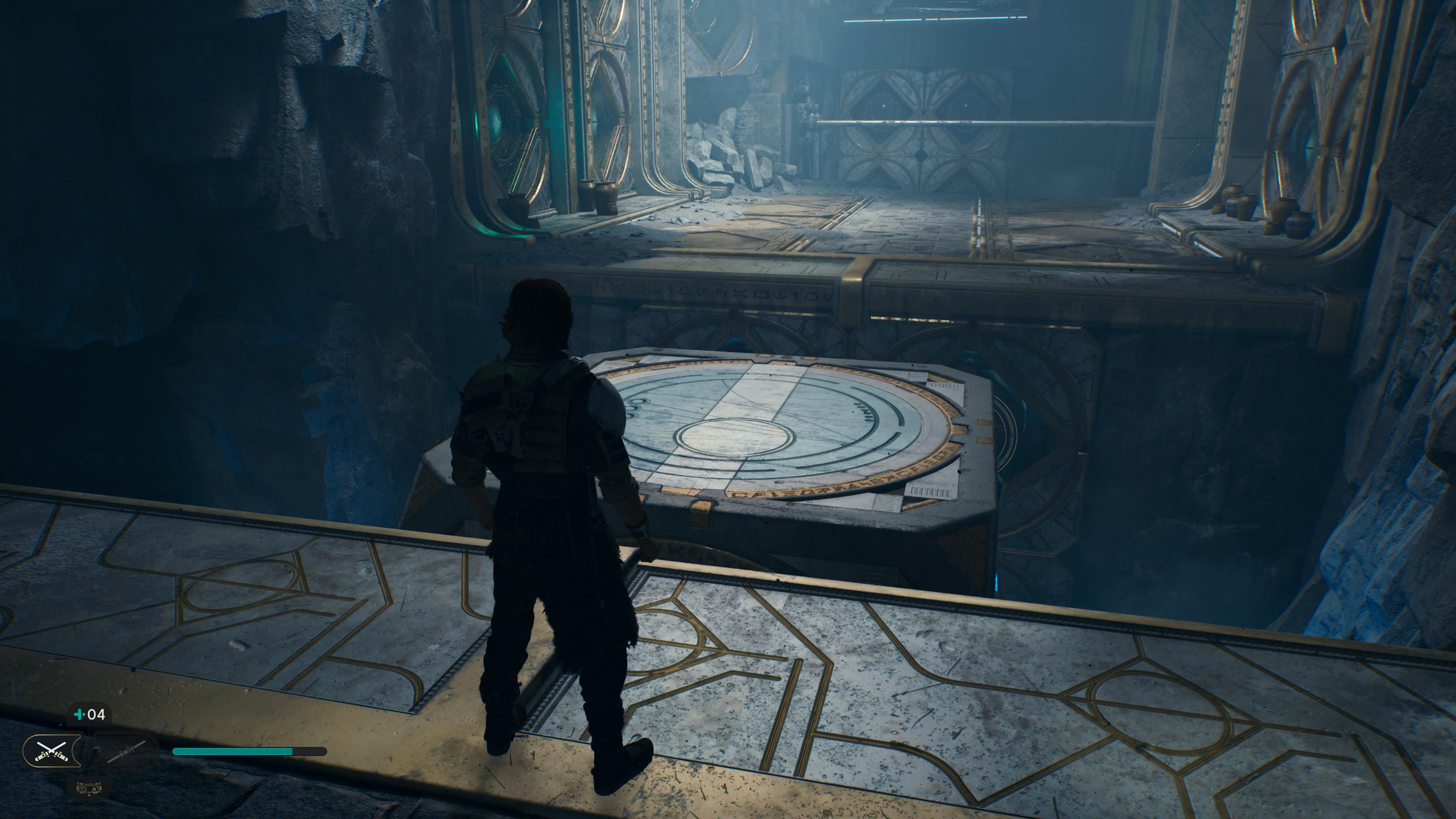 Cal pulling a block in a chasm in Jedi Survivor