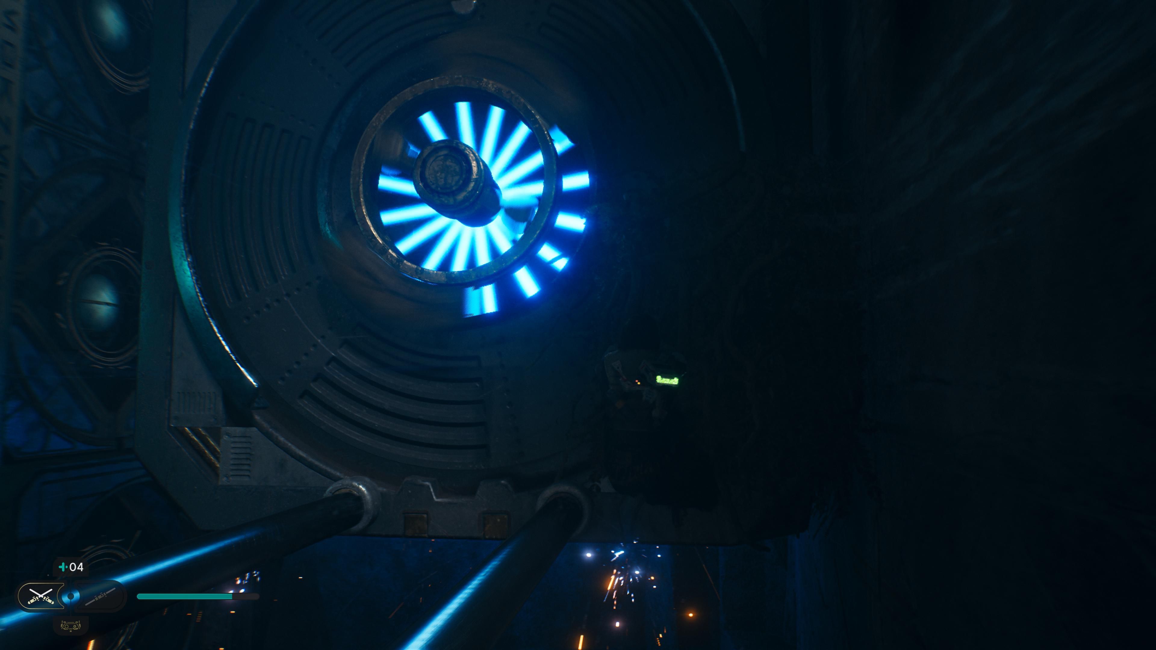 Cal riding a block in the Chamber of Clarity in Jedi Survivor