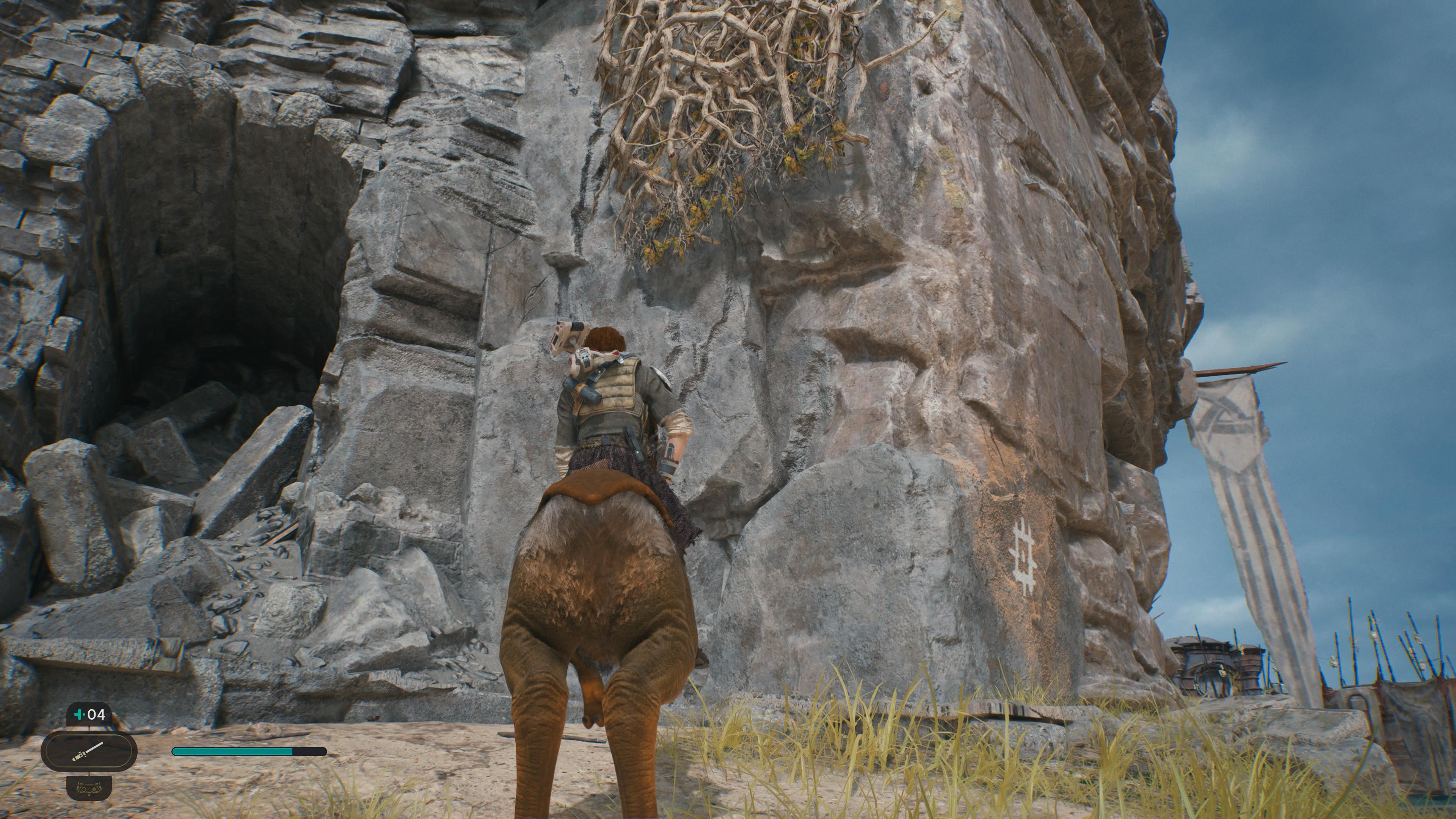 Cal riding a Nekko up to the ruins on Koboh in Jedi Survivor