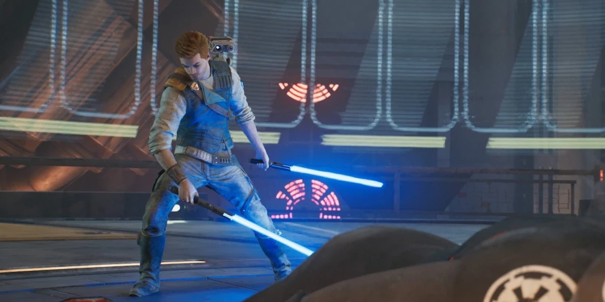 Cal stands with two blue lightsabers after using them to defeat the Ninth Sister in Star Wars Jedi: Survivor.