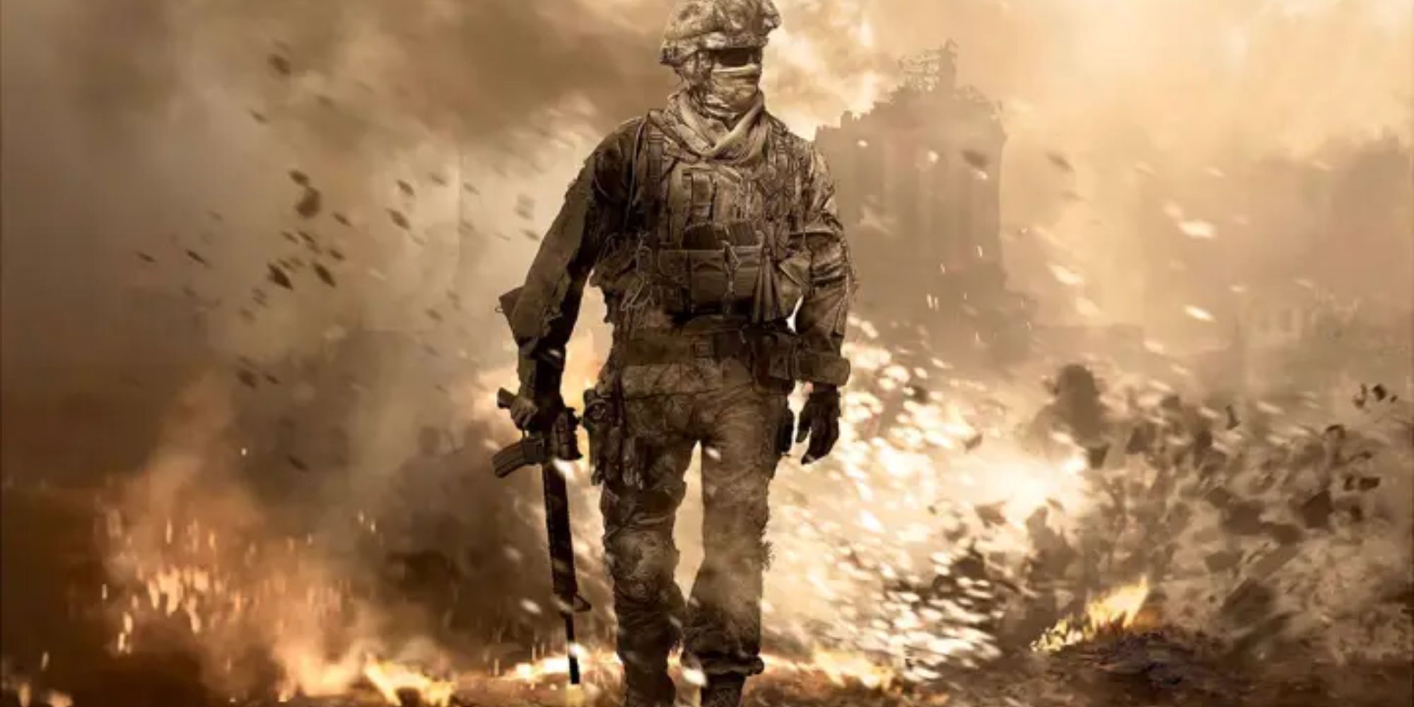 A soldier walks through a torched battlefield