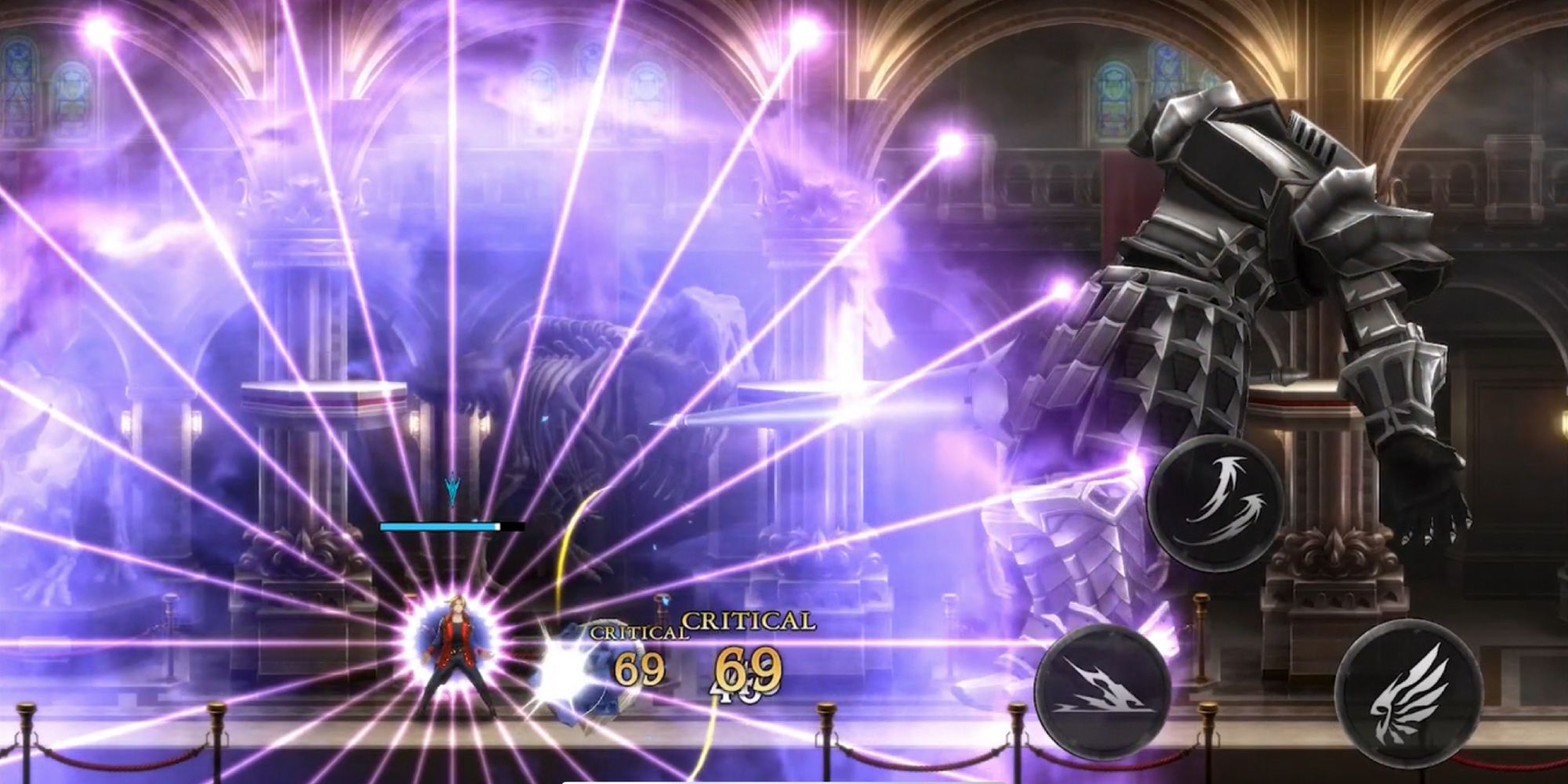 Castlevania Grimoire of Souls character shooting out omnidirectional power beams into a giant armoured knight