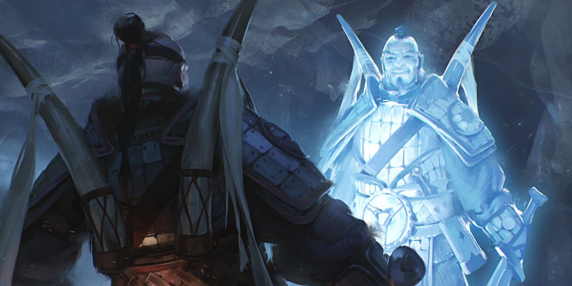 MTG A warrior from Tarkir looking at a Shapeshifter who has taken his form