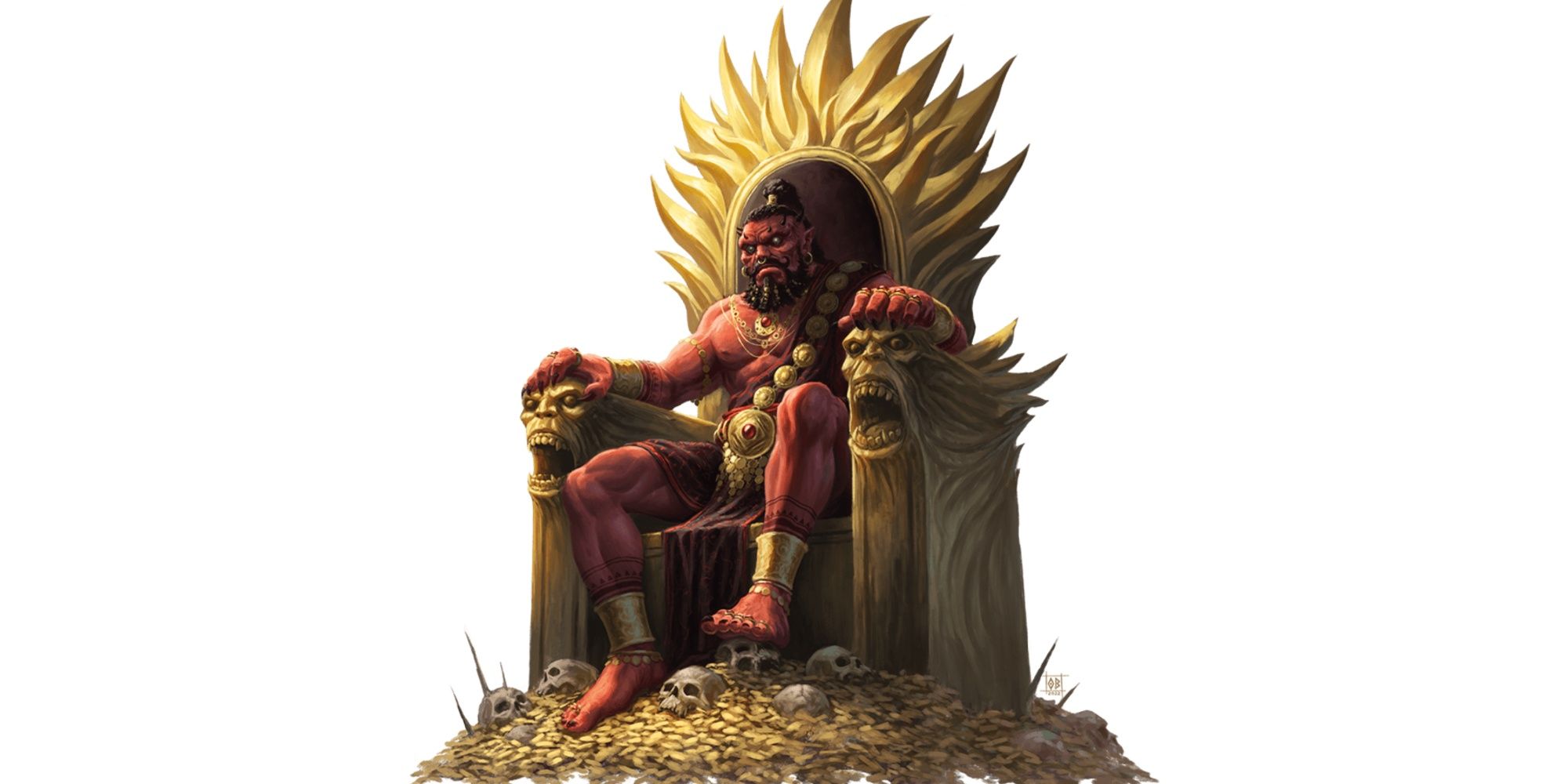 Jarazoun The Efreeti from Keys from the Golden Vault sitting atop a throne of gold and skulls
