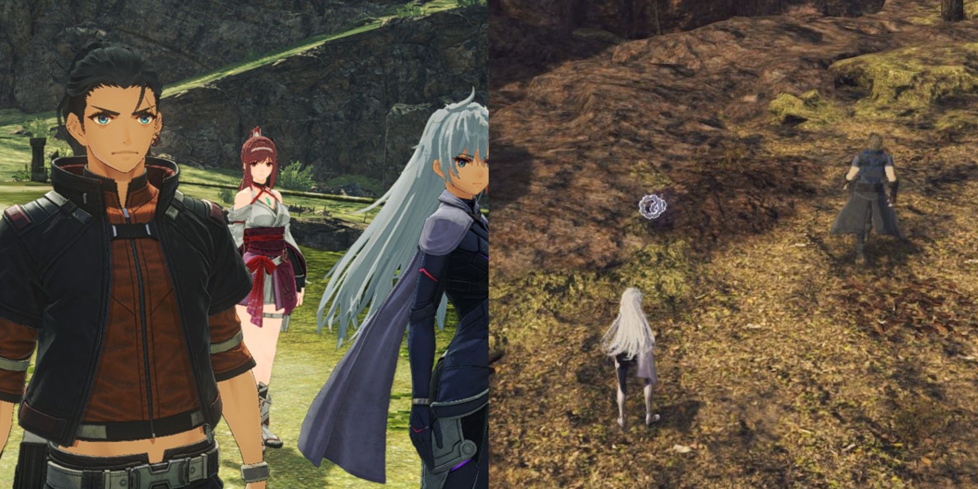 A collage of Noah, Gllimmer, A, and also A and Rex standing in a field in Xenoblade Chronicles 3: Future Redeemed.