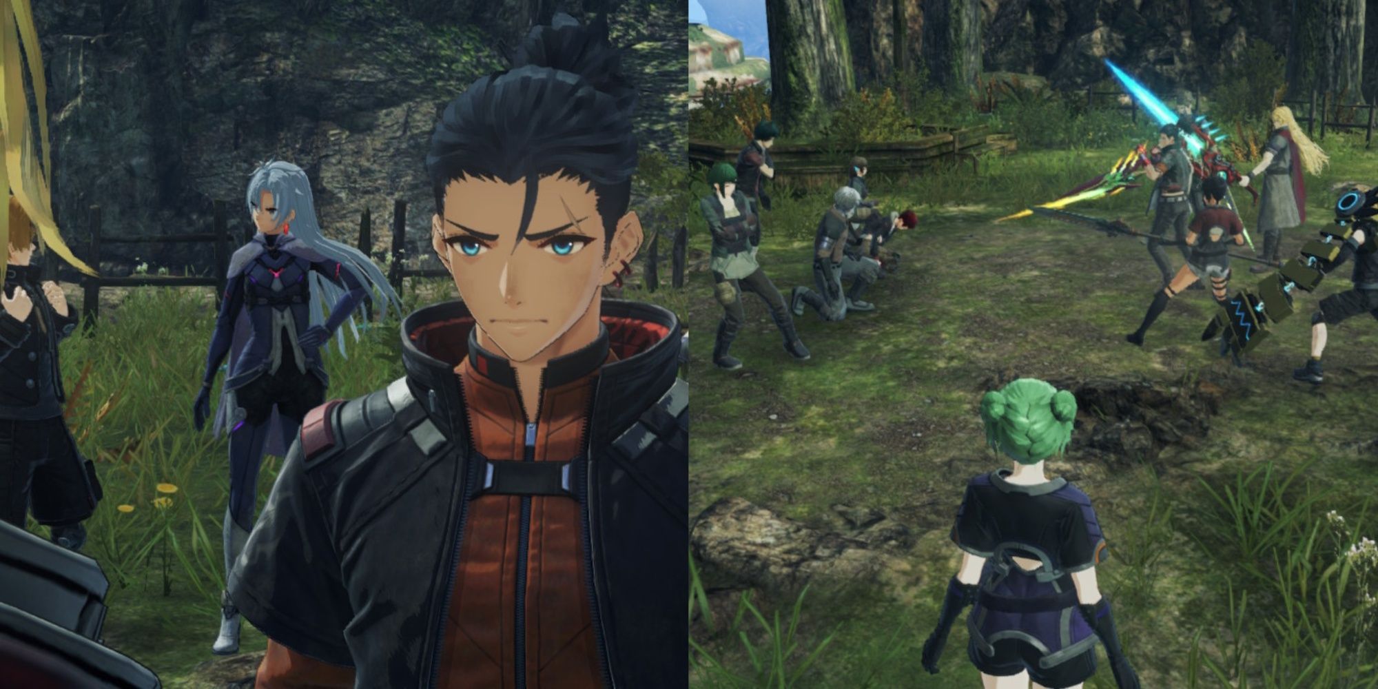 A collage of Nikol, A, Matthew, and Panacea watching over two groups of fighters in Xenoblade Chronicles 3: Future Redeemed.