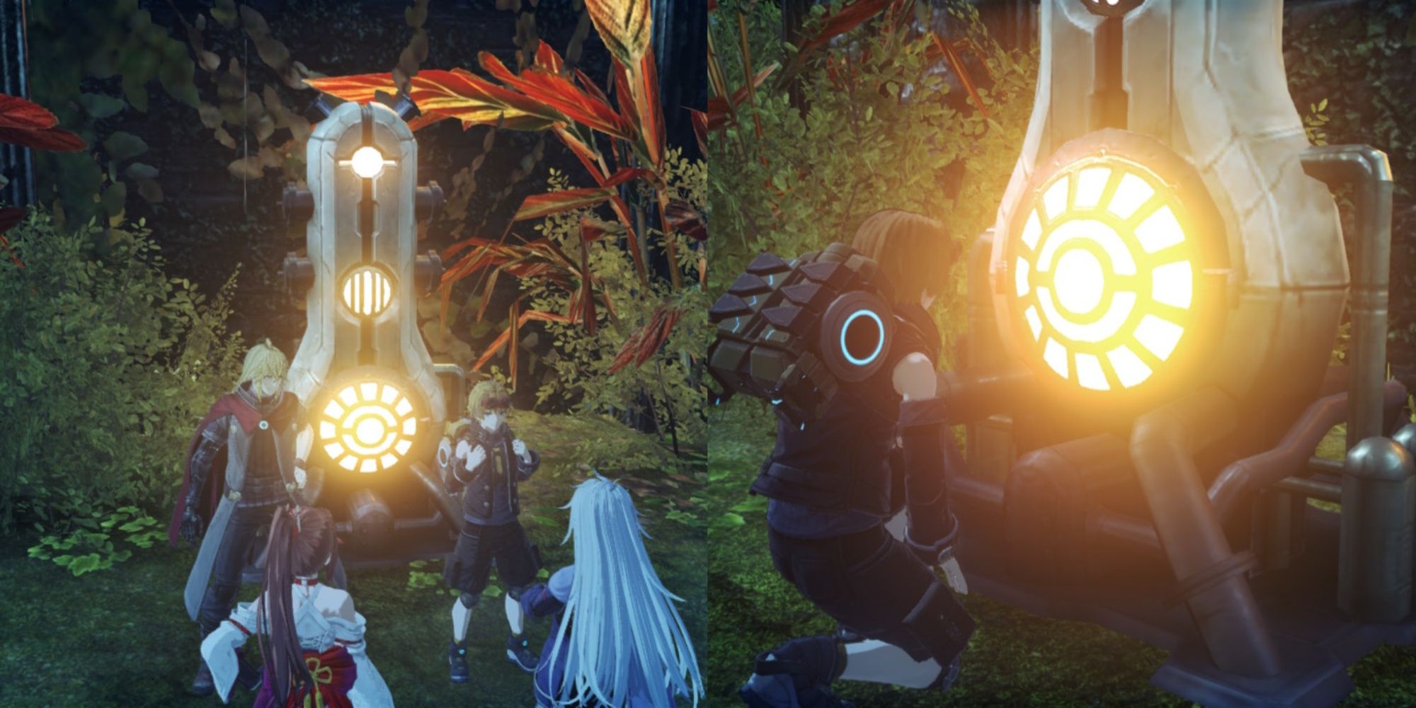 A collage of Shulk, Nikol, Glimmer, and A in front of the Old Ether Furnace with Nikol kneeling next to it in Xenoblade Chronicles 3: Future Redeemed.