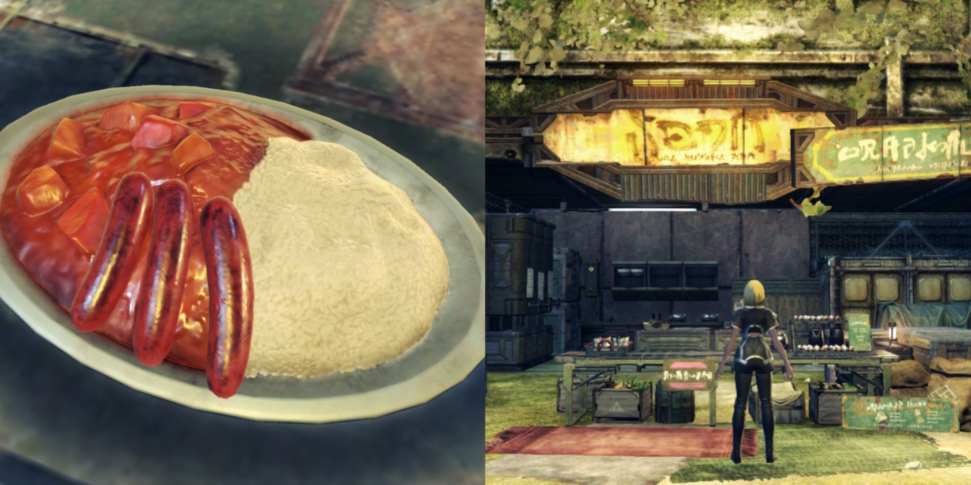 A collage of Georgie's Curry and Georgie looking at the canteen in Xenoblade Chronicles 3: Future Redeemed.