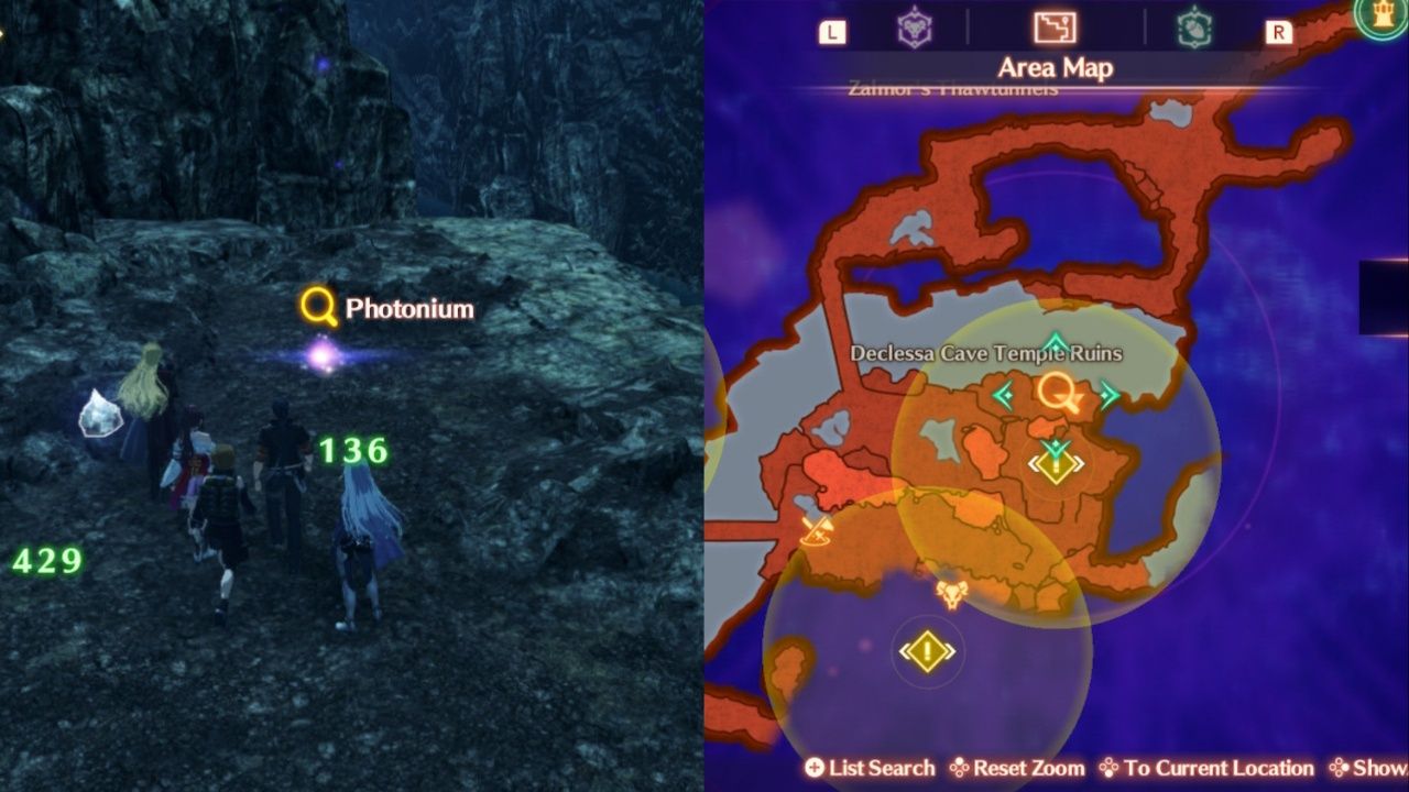 A collage of A, Matthew, Nikol, Glimmer, and Shulk standing in front of Photonium with the map location in Xenoblade Chronicles 3: Future Redeemed.