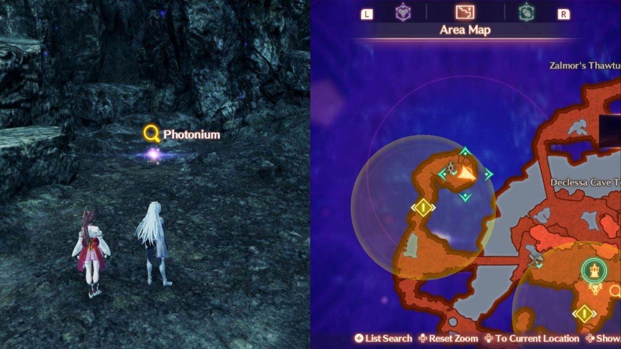 A collage of A and Glimmer approaching some Photonium with the map location in Xenoblade Chronicles 3: Future Redeemed.