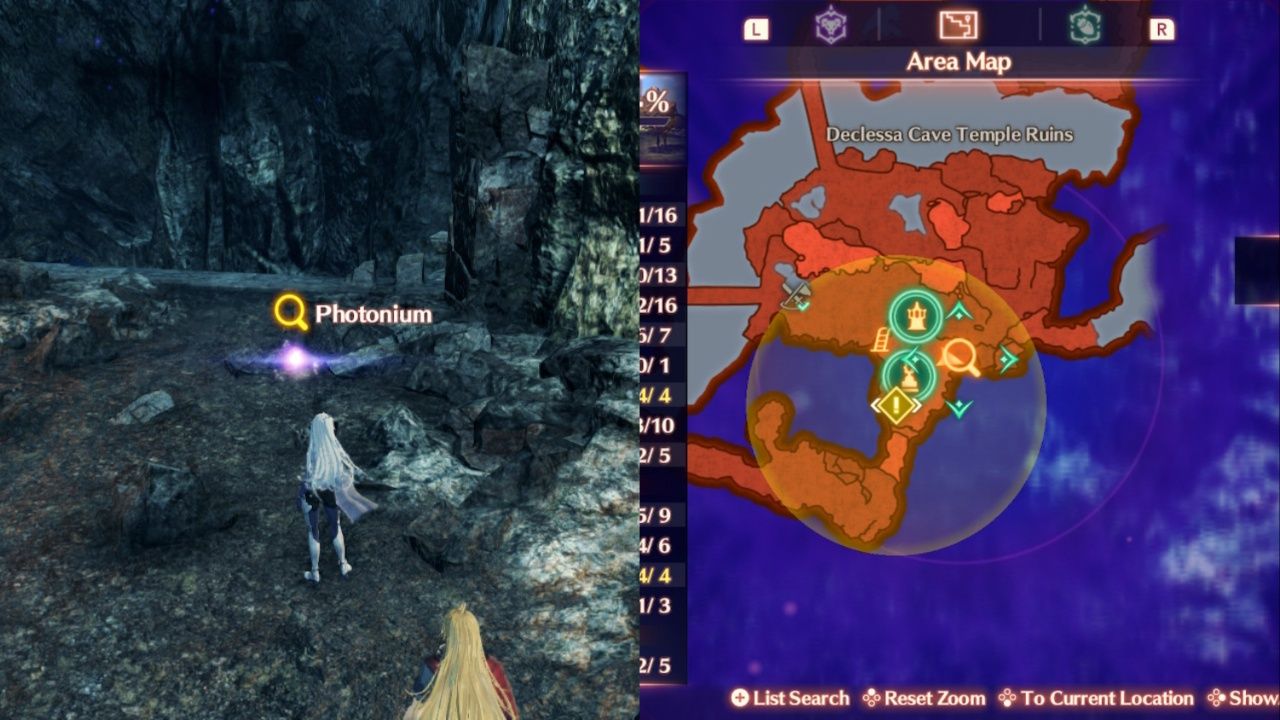 A collage of A and Shulk in front of Photonoium with the map location in Xenoblade Chronicles 3: Future Redeemed.