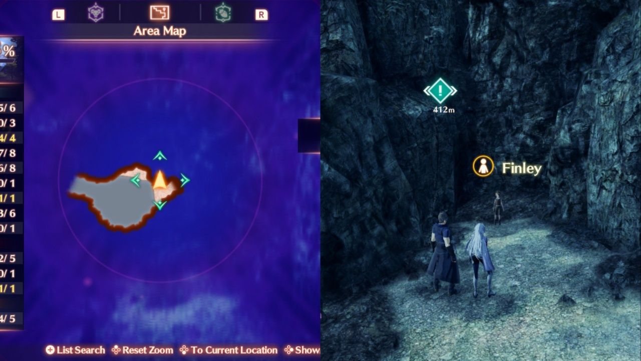A collage of the map location where you'll find Finley along with A and Rex finding her in a cave in Xenoblade Chronicles 3: Future Redeemed.