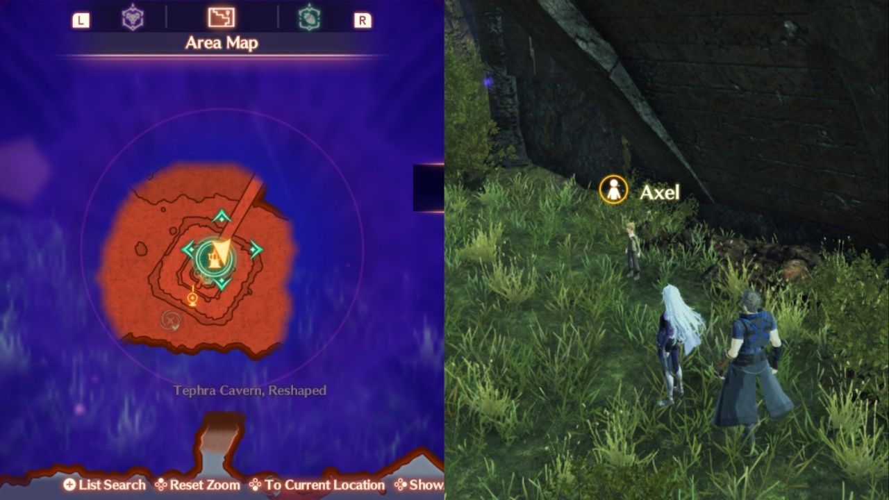 A collage of the map location where you'll find Axel along with A and Rex finding him in-game in Xenoblade Chronicles 3: Future Redeemed.
