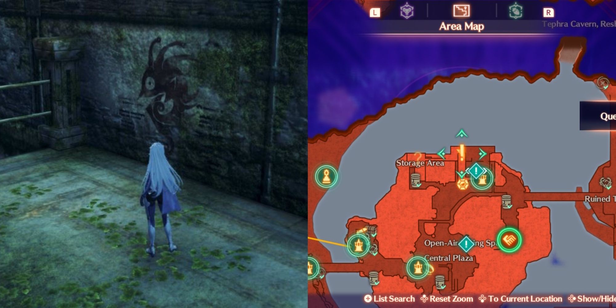 A collage of A standing in front of graffiti while showing the map location in Xenoblade Chronicles 3: Future Redeemed.