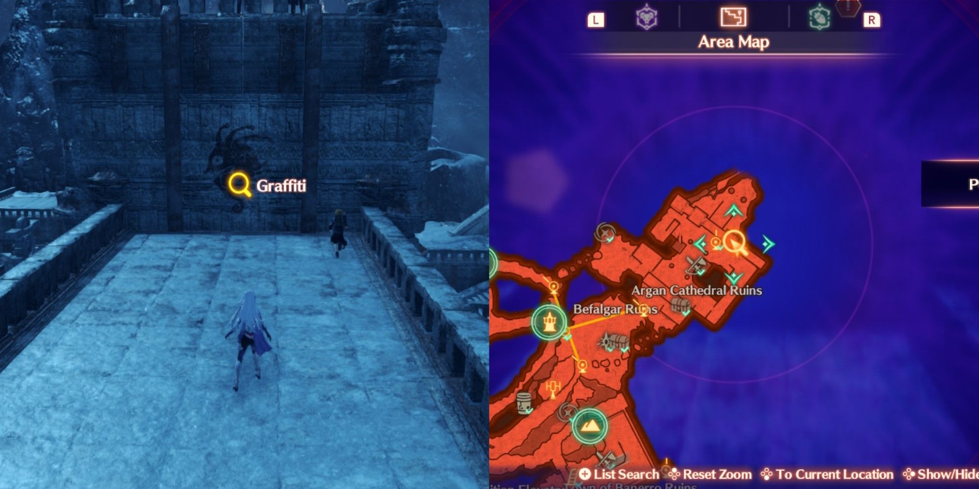 A collage of A coming across a clue for the If Walls Could Speak quest with the map location in Xenoblade Chronicles 3: Future Redeemed.