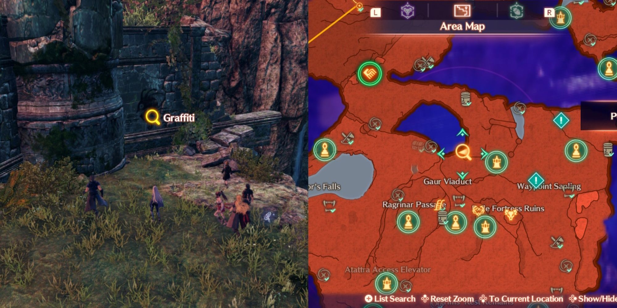 An image of the party standing in front of a graffiti hint for the If Walls Could Speak quest along with a map in Xenoblade Chronicles 3:: Future Redeemed.