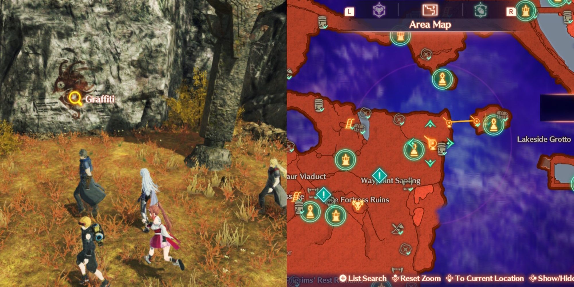 A collage of the party approaching the third clue for the If Walls Could Speak quest along with a map in Xenoblade Chronicles 3: Future Redeemed.