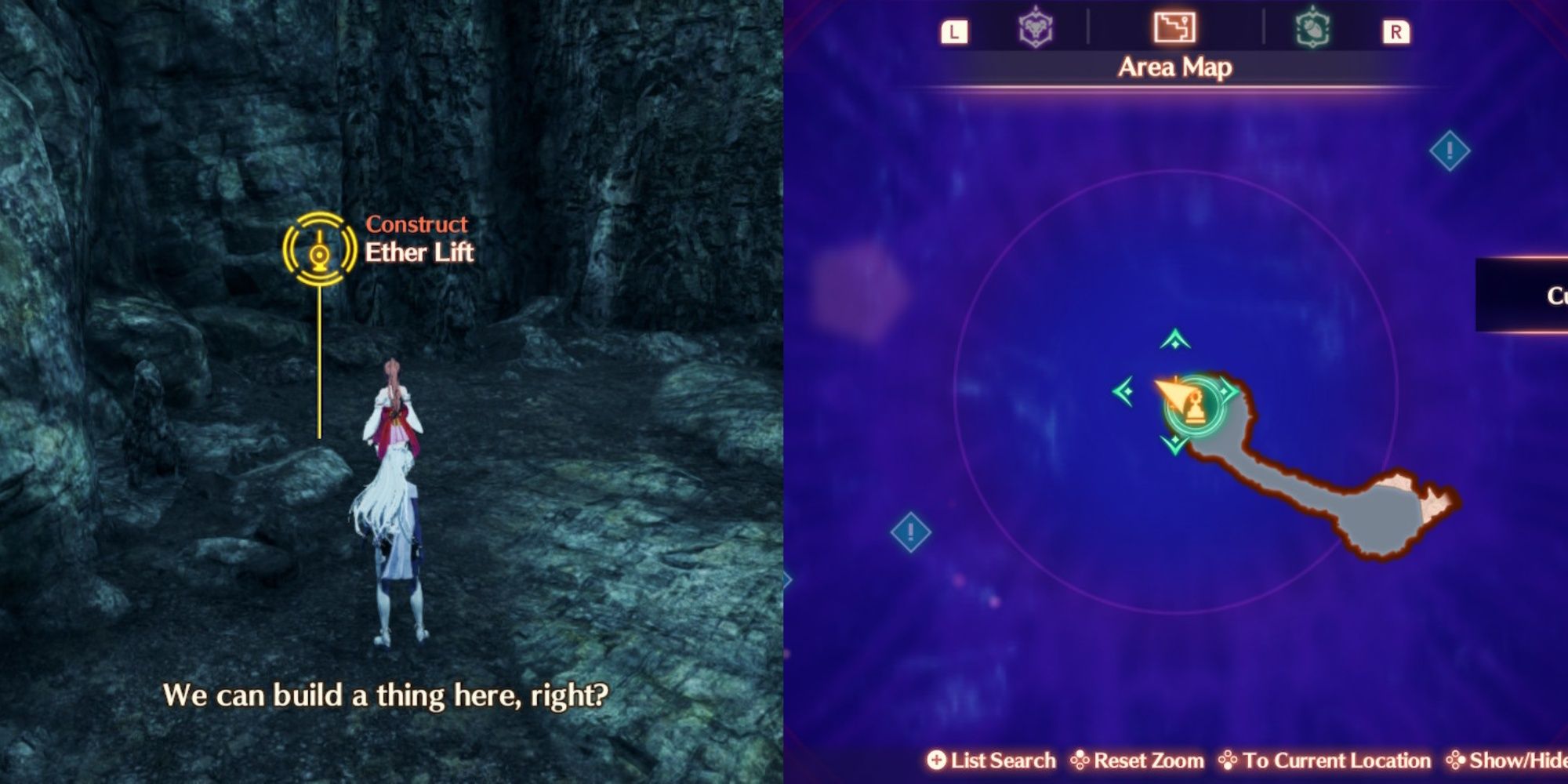 A collage of A and Glimmer standing near an Ether Lift repair point with a map in Xenoblade Chronicles 3: Future Redeemed.