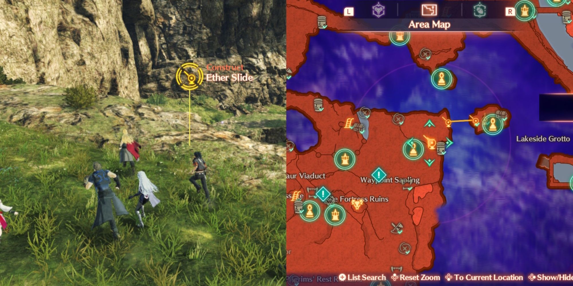 A collage of the party approaching an Ether Slide repair point with a map in Xenoblade Chronicles 3: Future Redeemed.