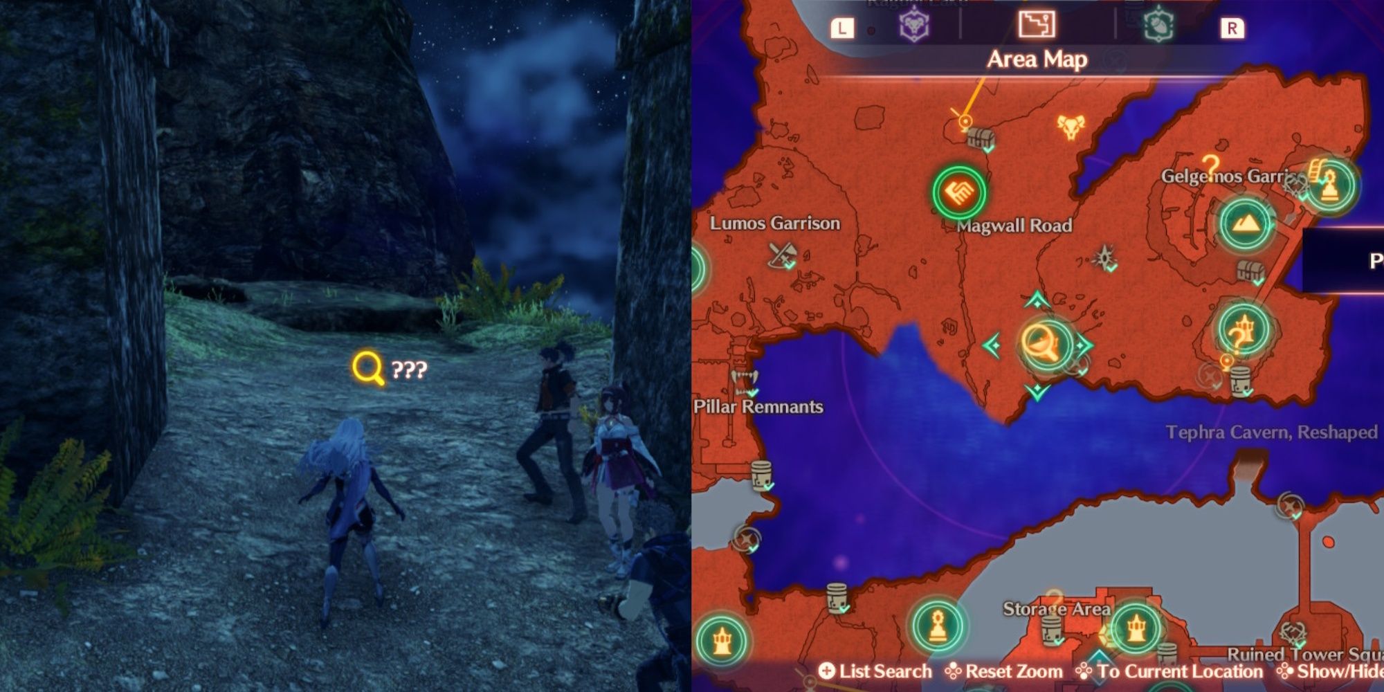 A collage of the party approaching the final point for the If Walls Could Speak quest with the map location in Xenoblade Chronicles 3: Future Redeemed.