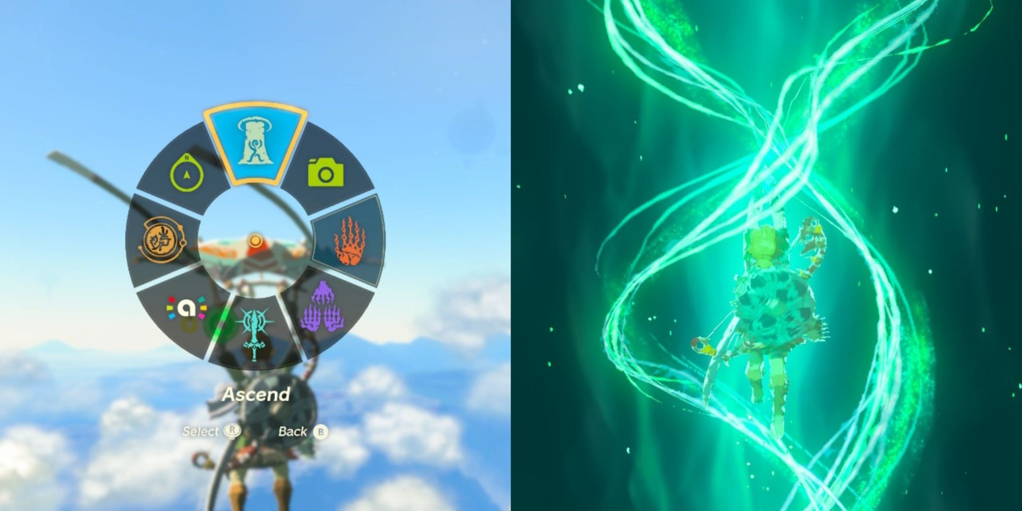 Zelda Tears of the Kingdom Split Image of Ability Wheel and Link Using Ascend Ability