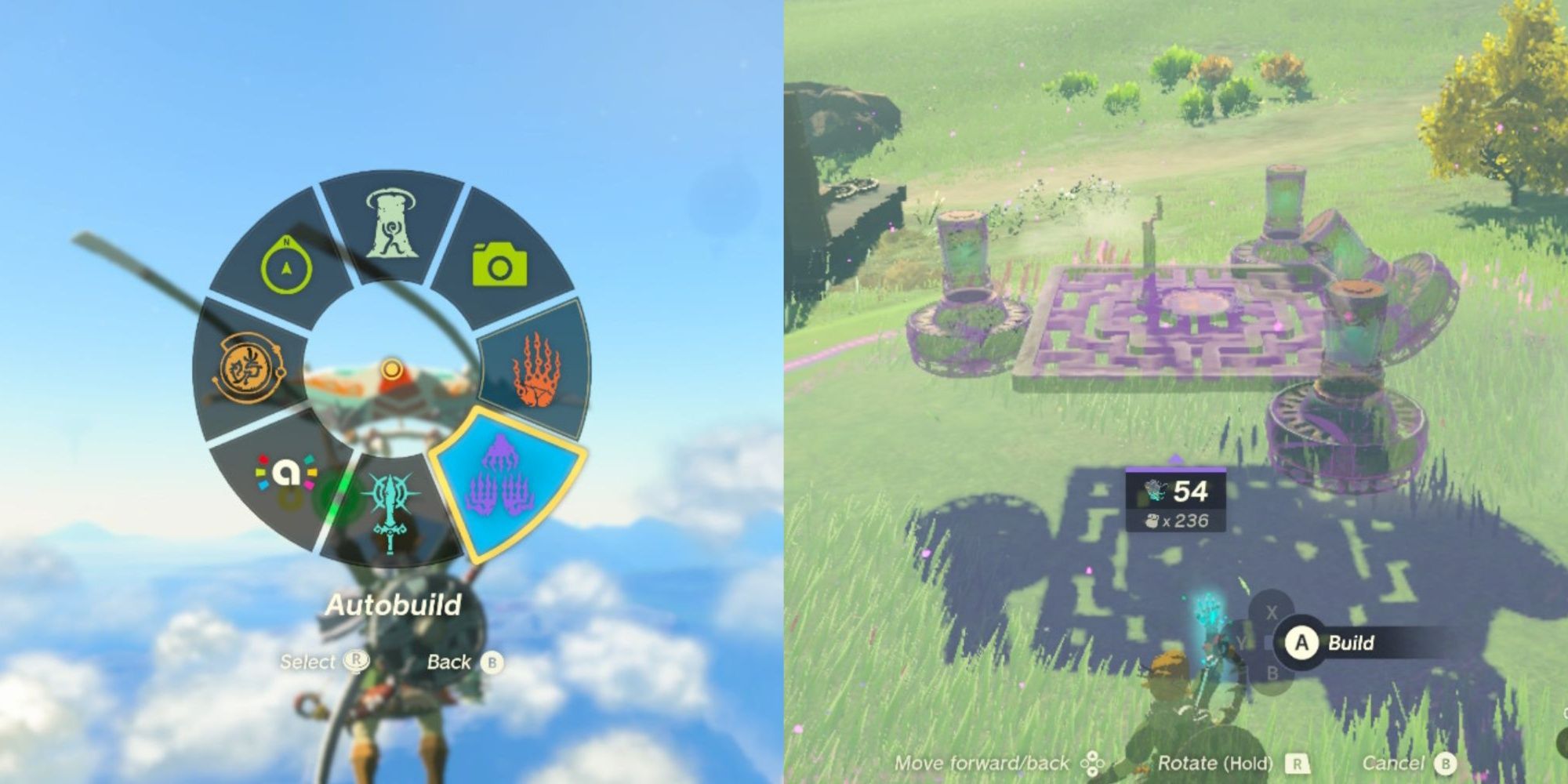 Zelda Tears of the Kingdom Split Image of Ability Wheel and Link Using Autobuild Ability