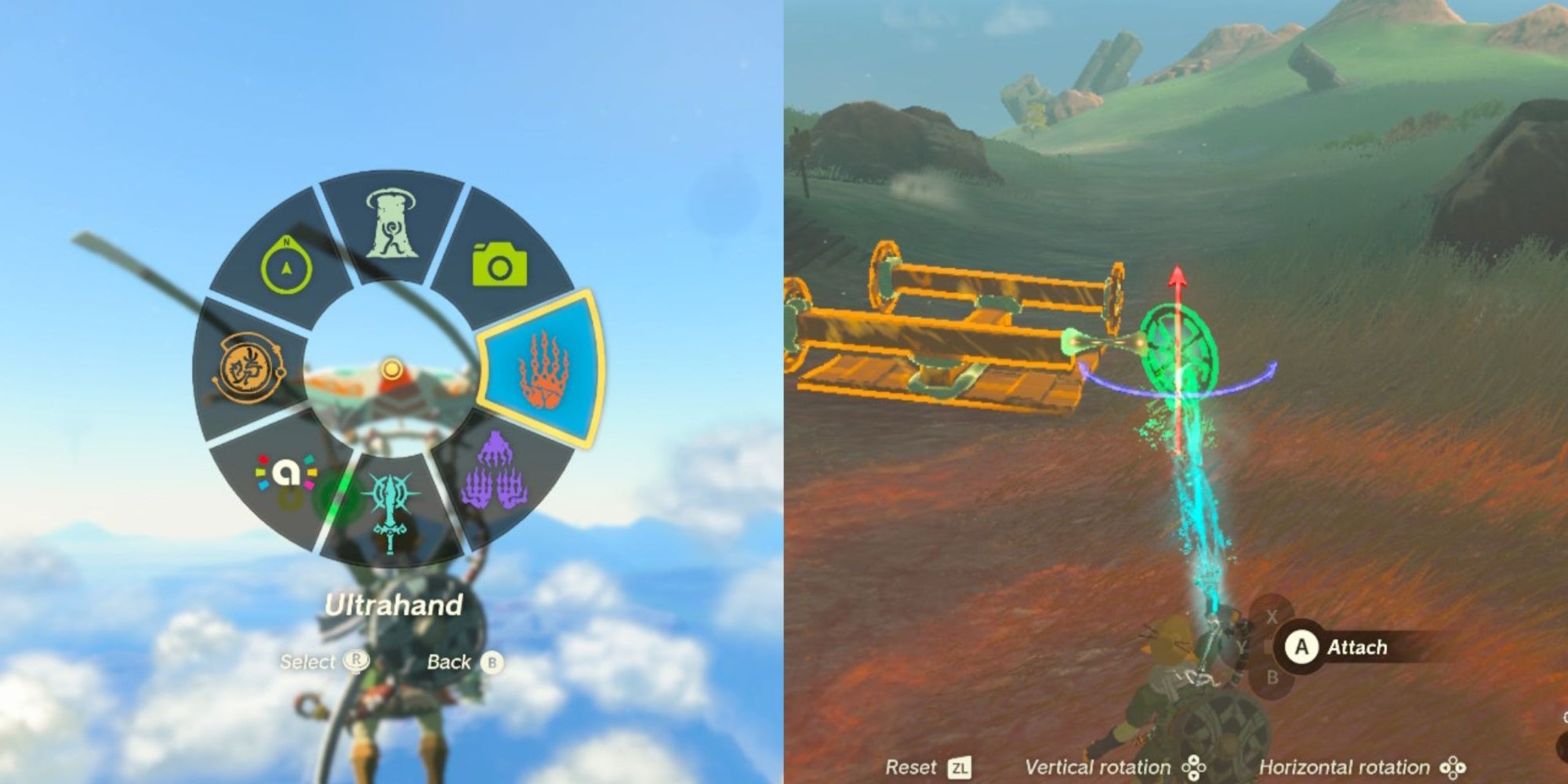 Zelda Tears of the Kingdom Split Image of Ability Wheel and Link Using Ultrahand Ability