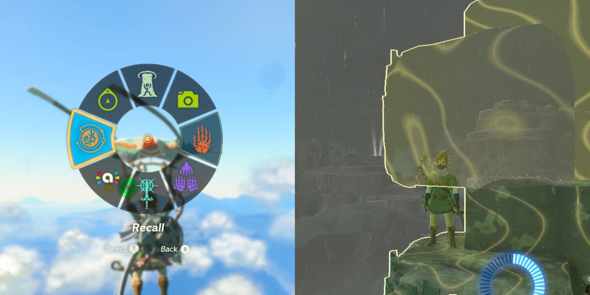 Zelda Tears of the Kingdom Split Image of Ability Wheel and Link Using Recall Ability