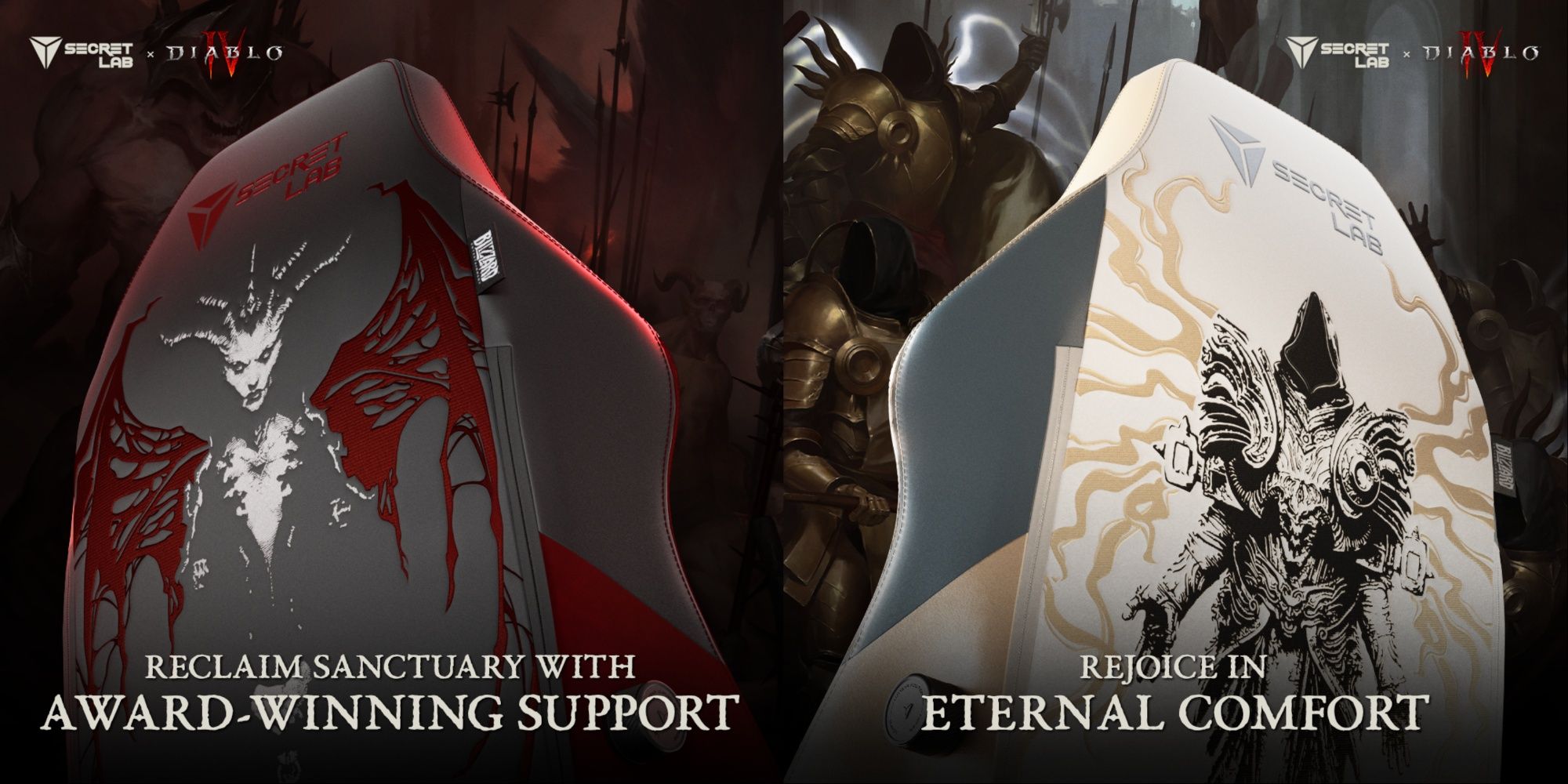 Secretlab Titan Evo Diablop 4 Lilith & Inarius chair backs side by side 