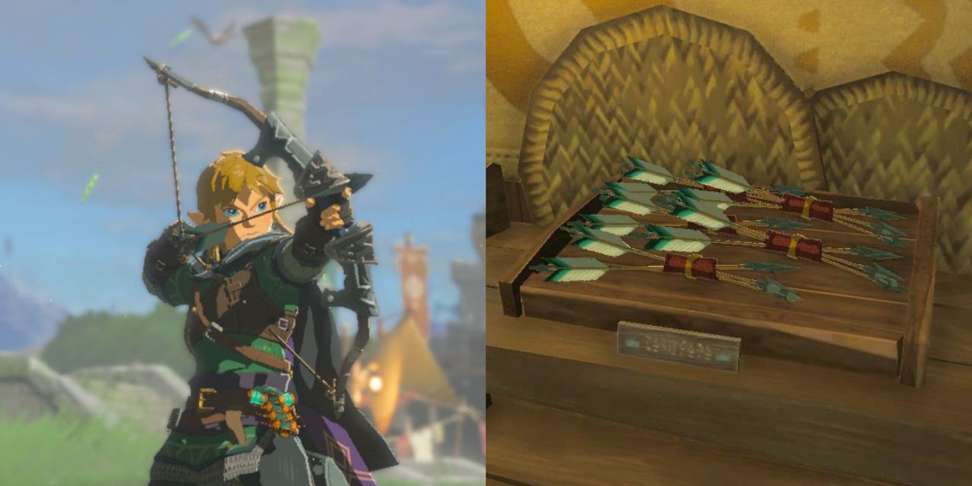 The Legend Of Zelda: Tears Of The Kingdom - Link aiming a bow and a stock of arrows