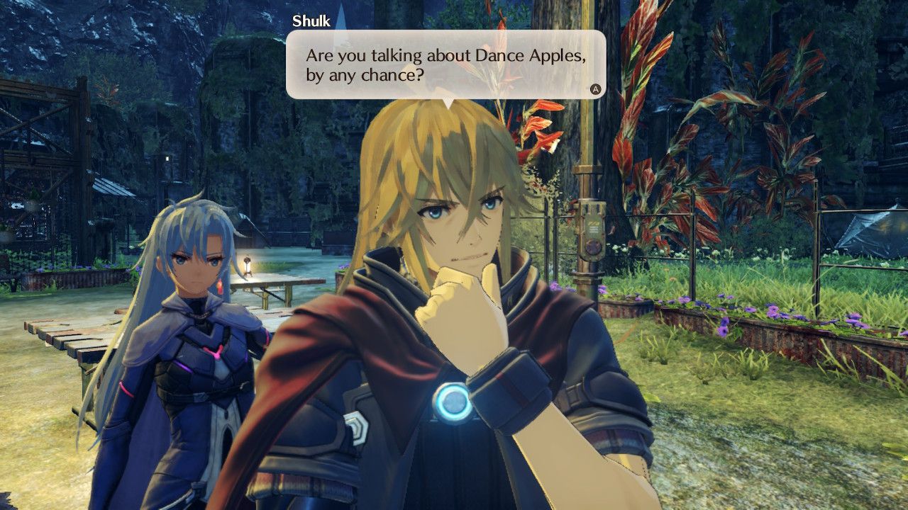 Shulk talks about Dance Apples with A behind him in Colony 9 in Xenoblade Chronicles 3: Future Redeemed.