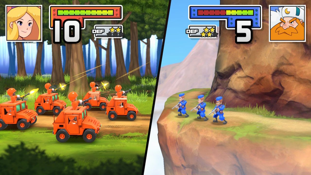 A battle in Advance Wars with units on varying terrain