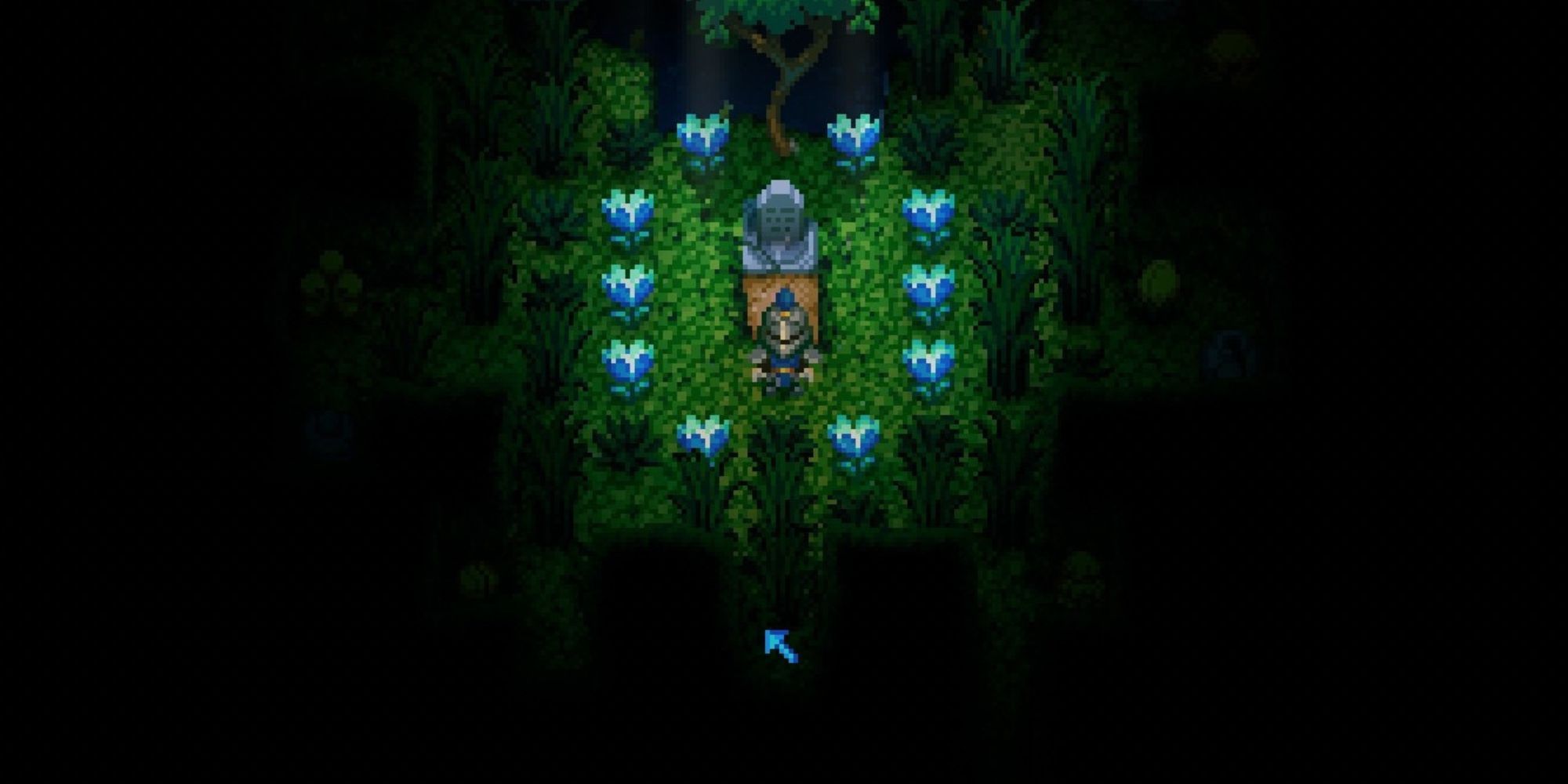 A player stands over a grave surrounded by glowing flowers.