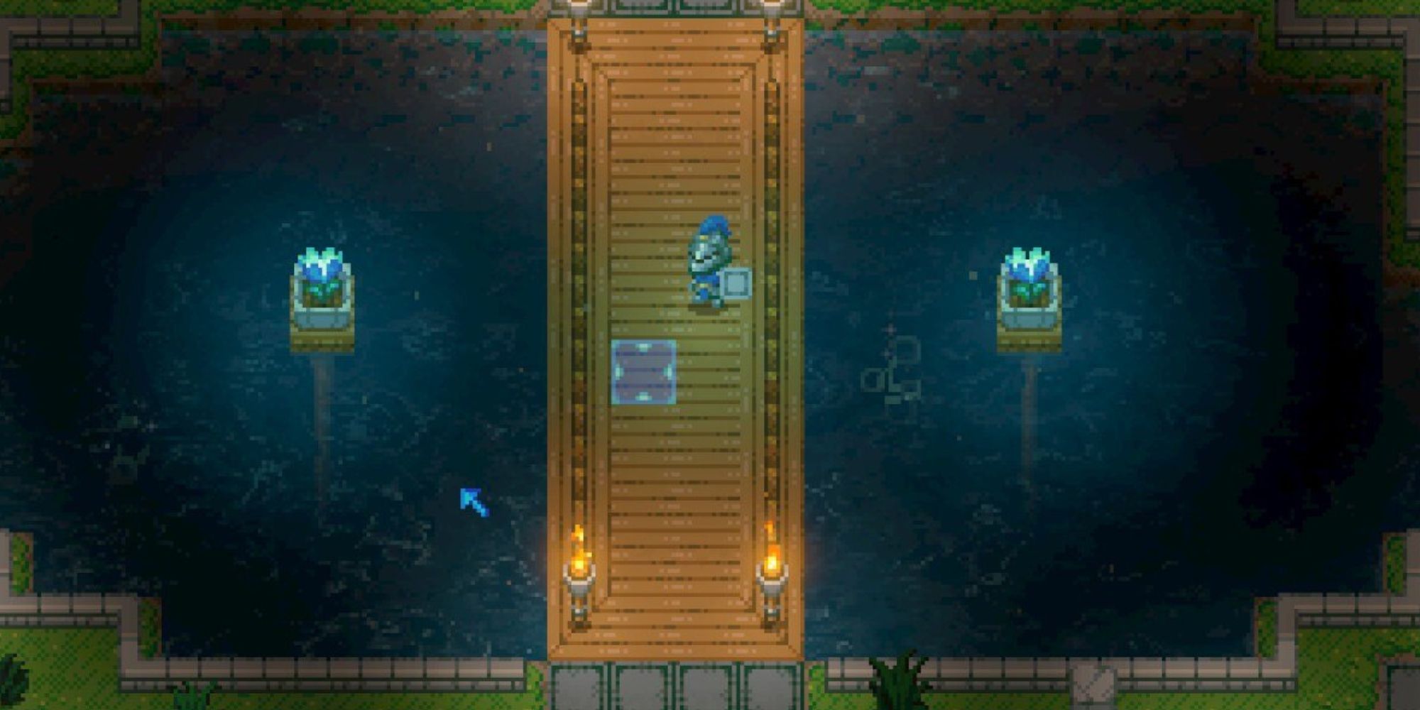 A player stands on a bridge over a decorated, glowing pond.