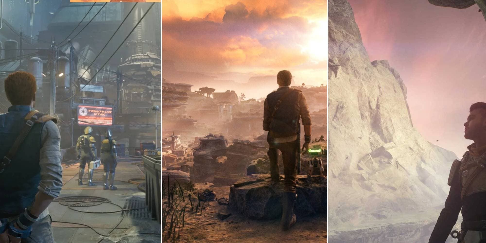 Cal Kestis walks in handcuffs on Coruscant, overlooks a settlement on Koboh, and stares off at a distant mountain on Tanalorr in Star Wars Jedi: Survivor.