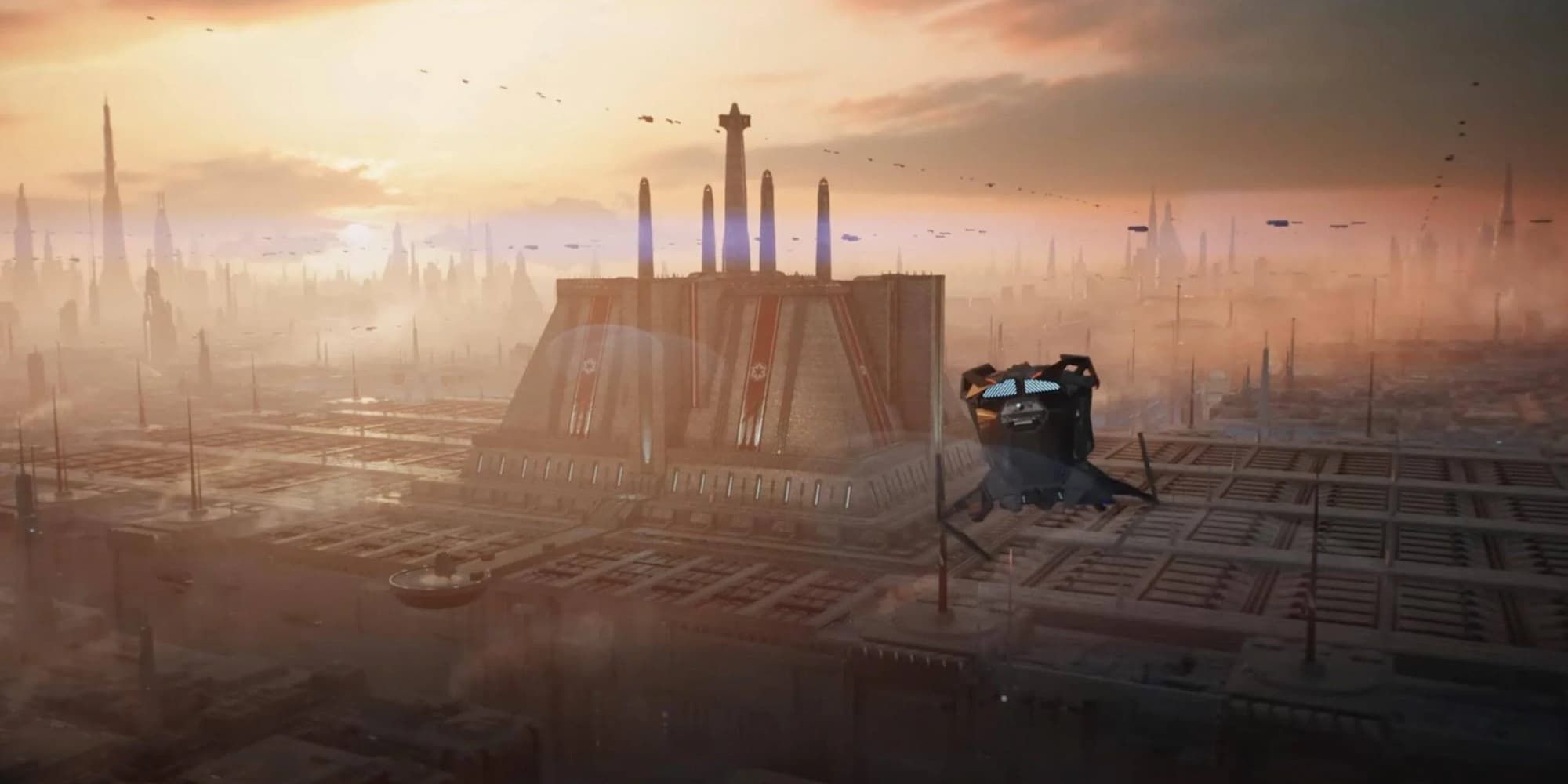 A transport ship flies towards an imperial building on Coruscant in Star Wars Jedi: Survivor.