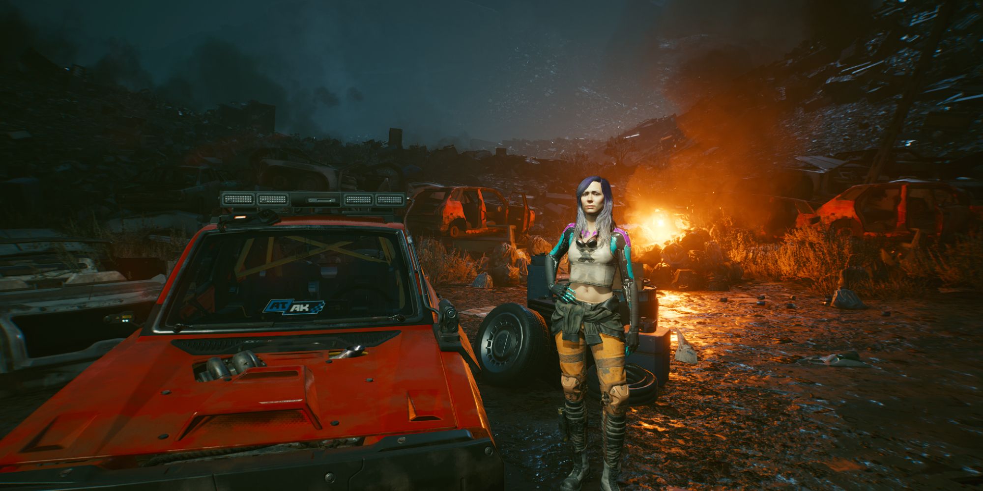 Girl beside a red nomad car In Cyberpunk 2077.