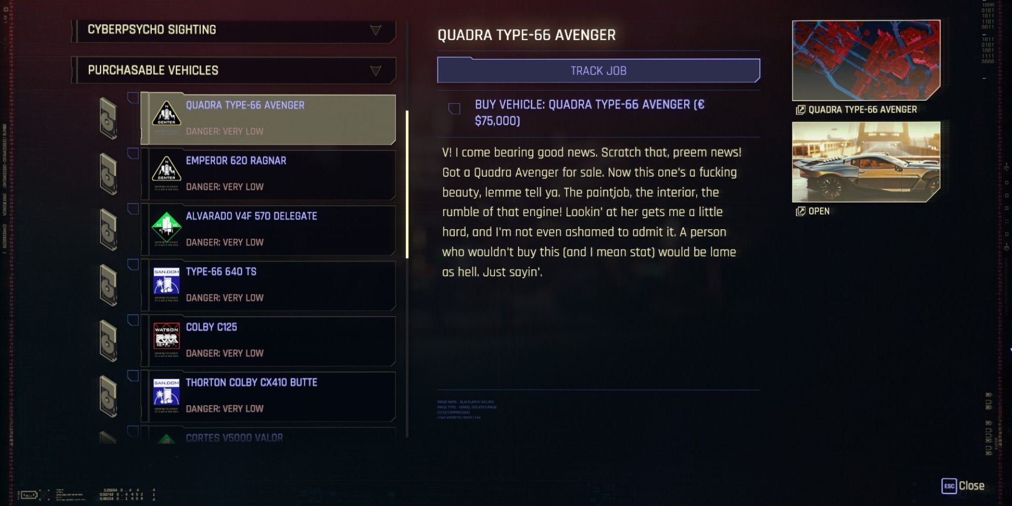 Purchasable vehicles journal quests In Cyberpunk 2077.