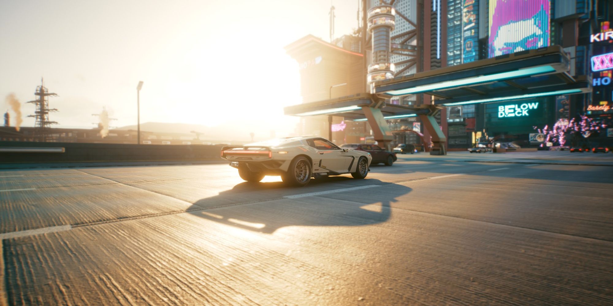 Sports car on the highway in the sunset In Cyberpunk 2077.