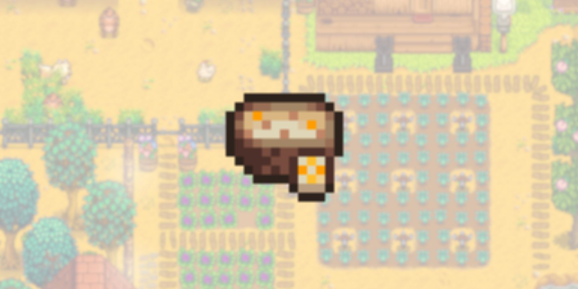 Stardew Valley chowder with blurred farm background