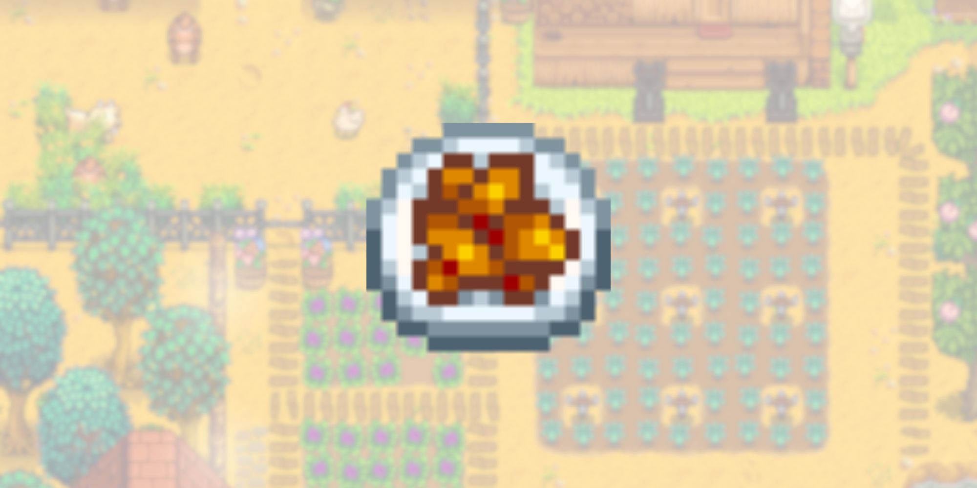 Stardew Valley Glazed Yams in front of blurred farm background