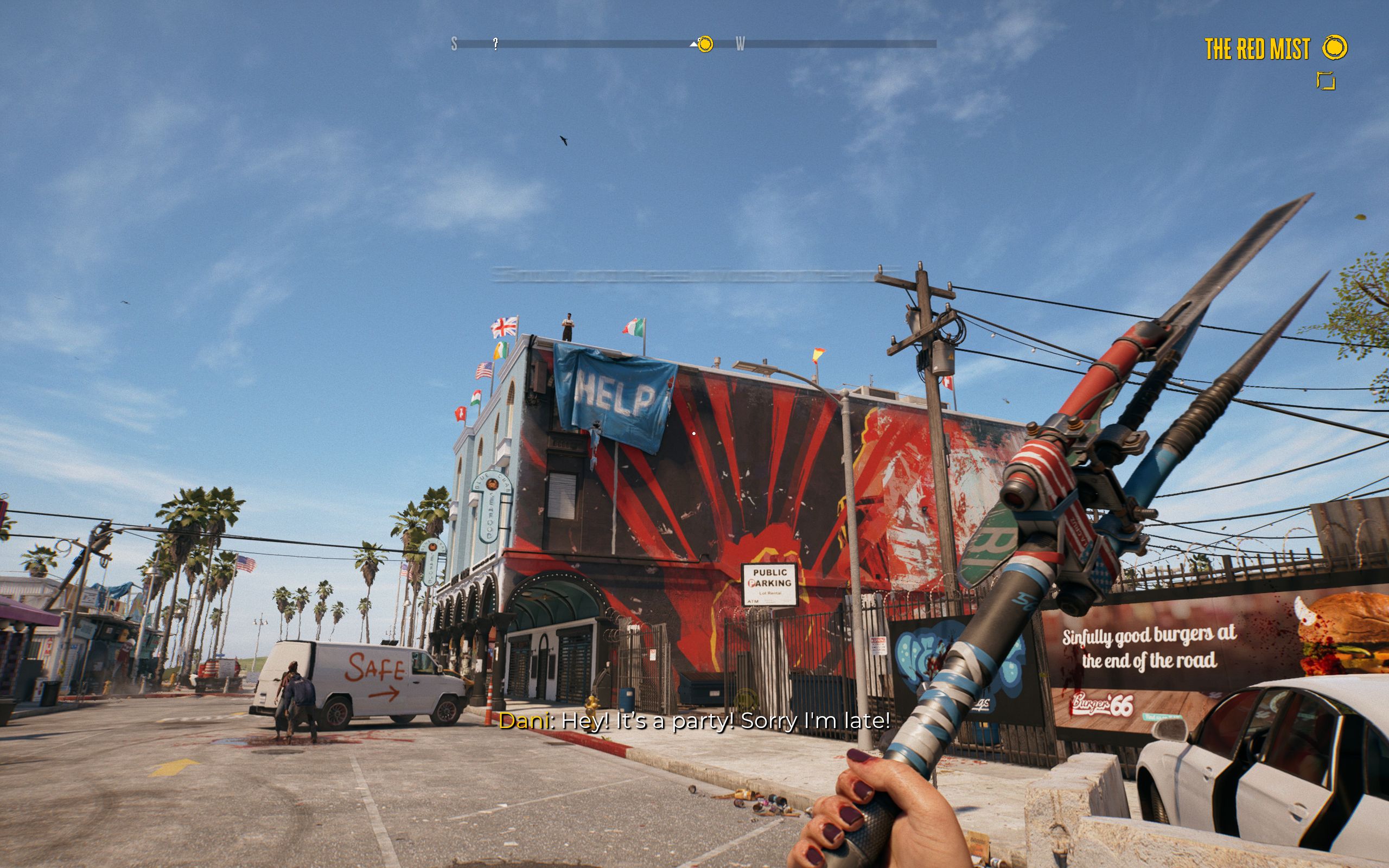 Dead Island 2  Blue Crab building with a help sign on the top