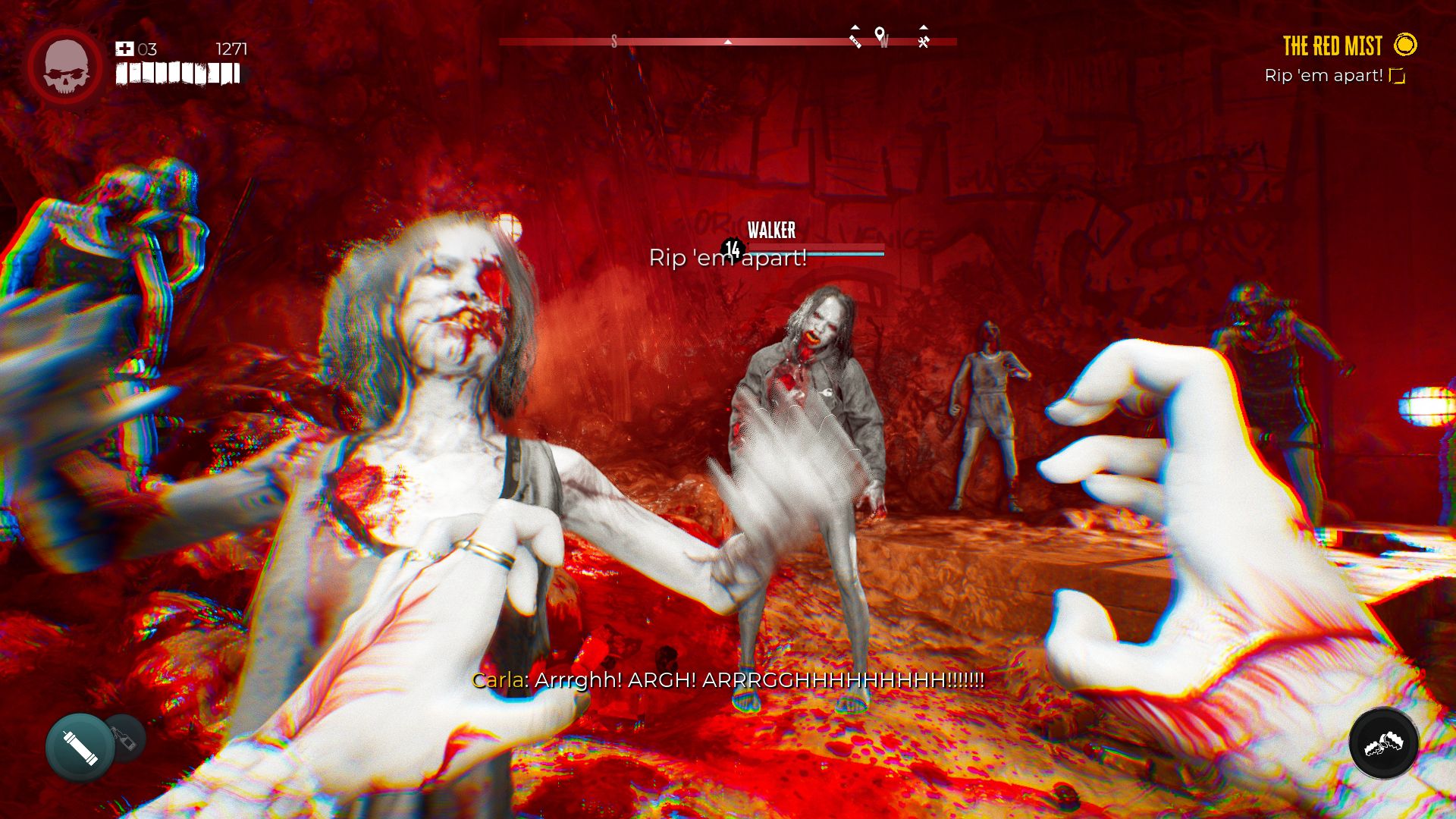 Dead Island 2 the red mist with zombies attacking the player