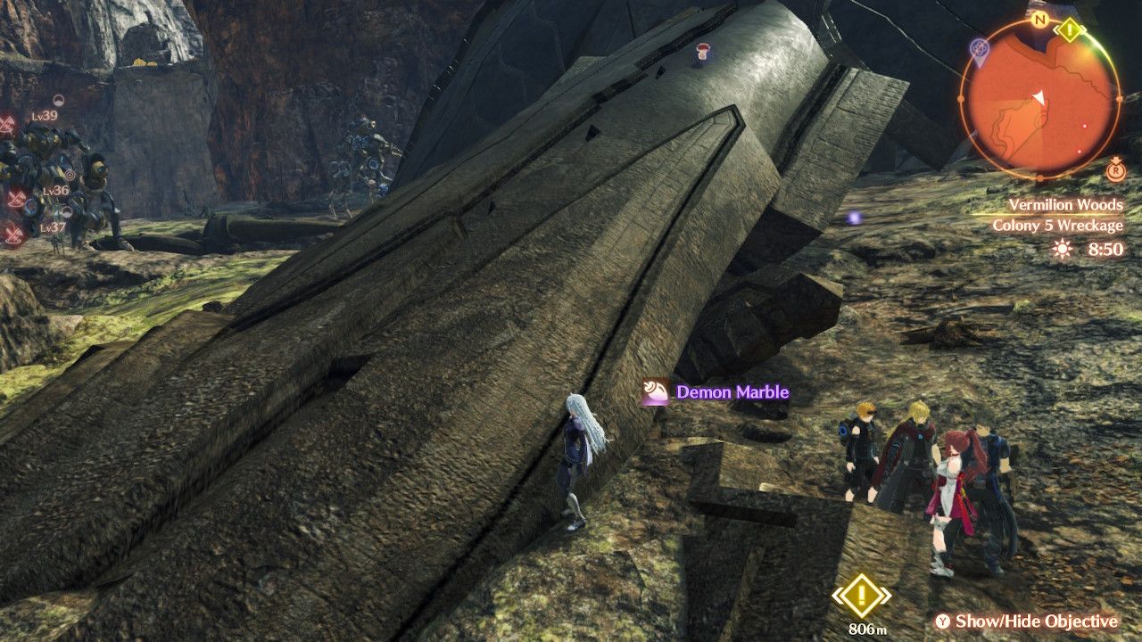 A picks up a Demon Marble with Nikol, Shulk, Glimmer, and Rex nearby in Xenoblade Chronicles 3: Future Redeemed.