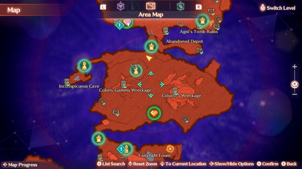The map location of the Colony Gamma and Colony 5 Wreckage in Vermilion Woods in Xenoblade Chronicles 3: Future Redeemed.
