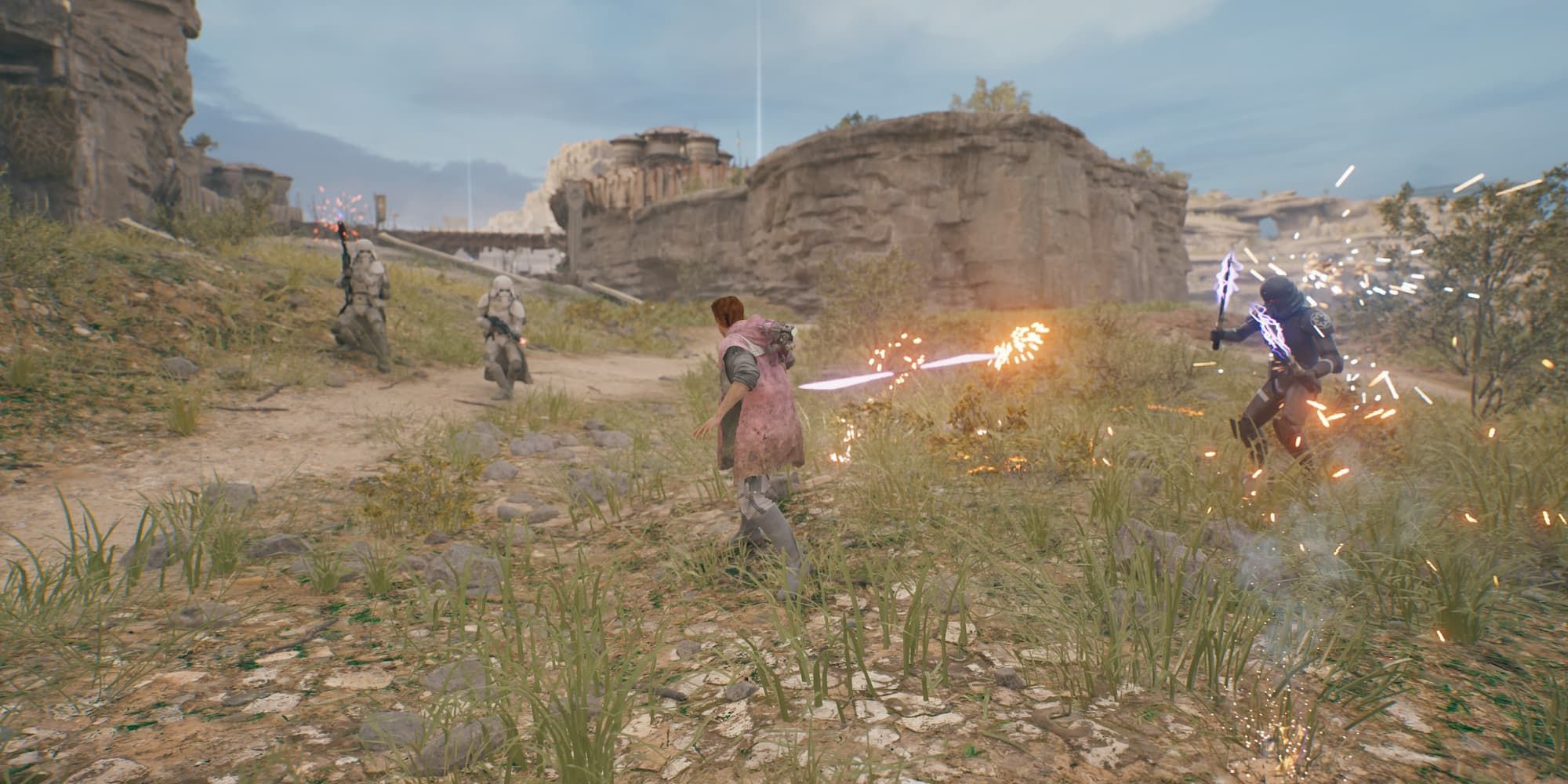 Cal Kestis throws his double-bladed lightsaber around his body at three imperial troopers in Star Wars Jedi: Survivor.