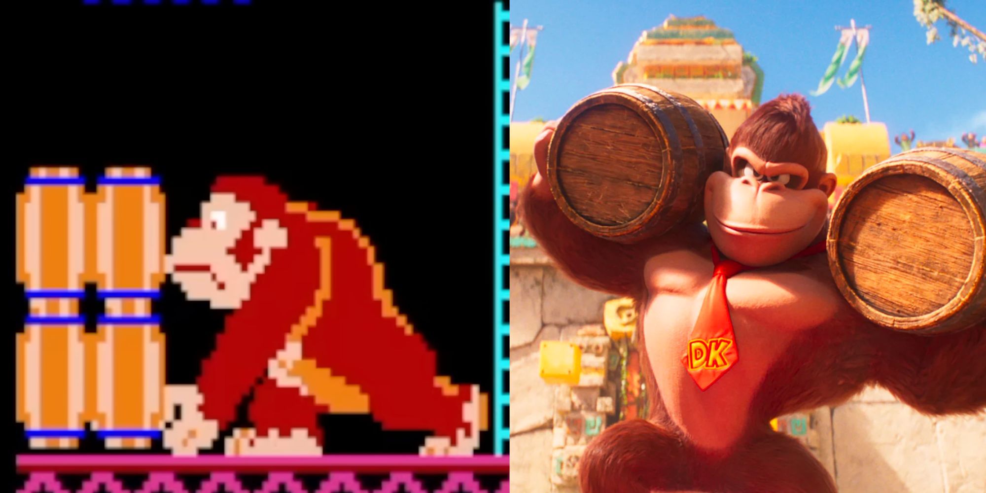 Donkey Kong Holding Barrels in the Original Arcade Game and In the New Super Mario Bros Movie