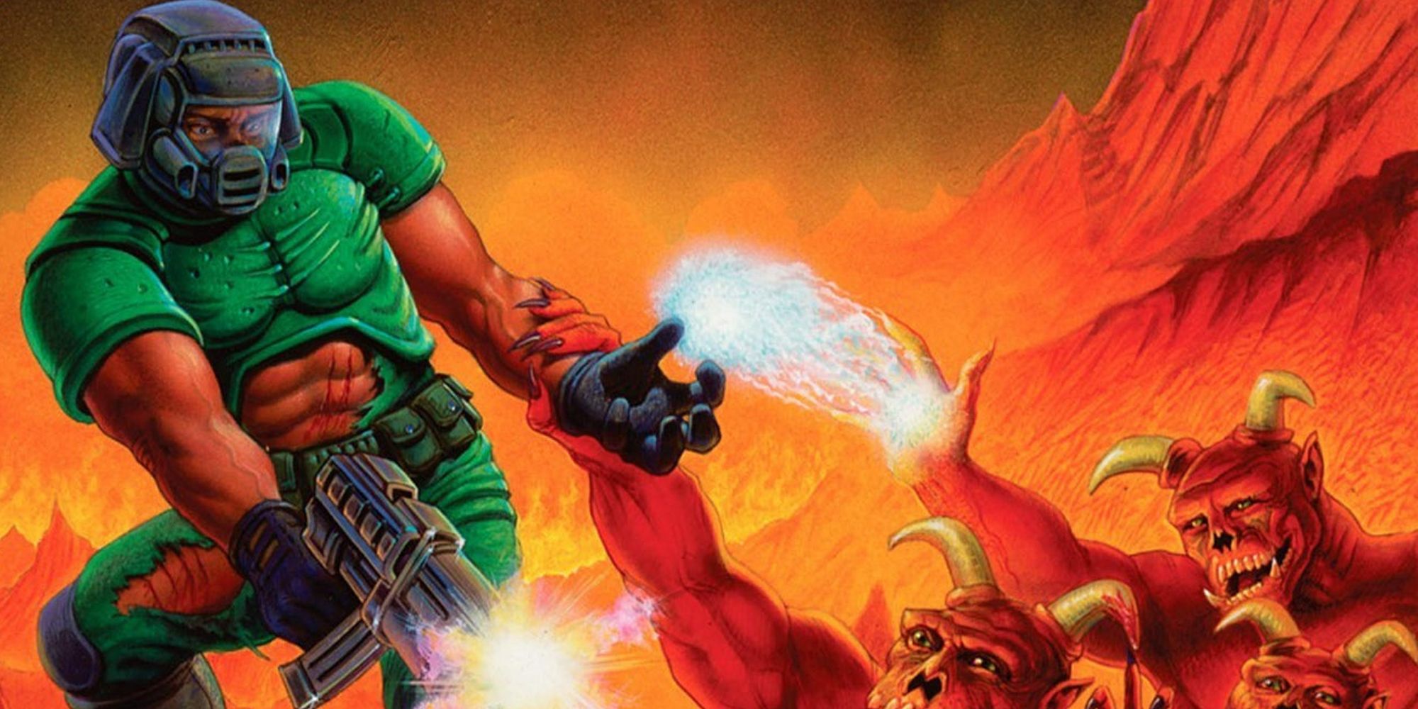 Doom 1993 cover art showing the Doomslayer fighting off a group of demons in Hell with a submachine gun