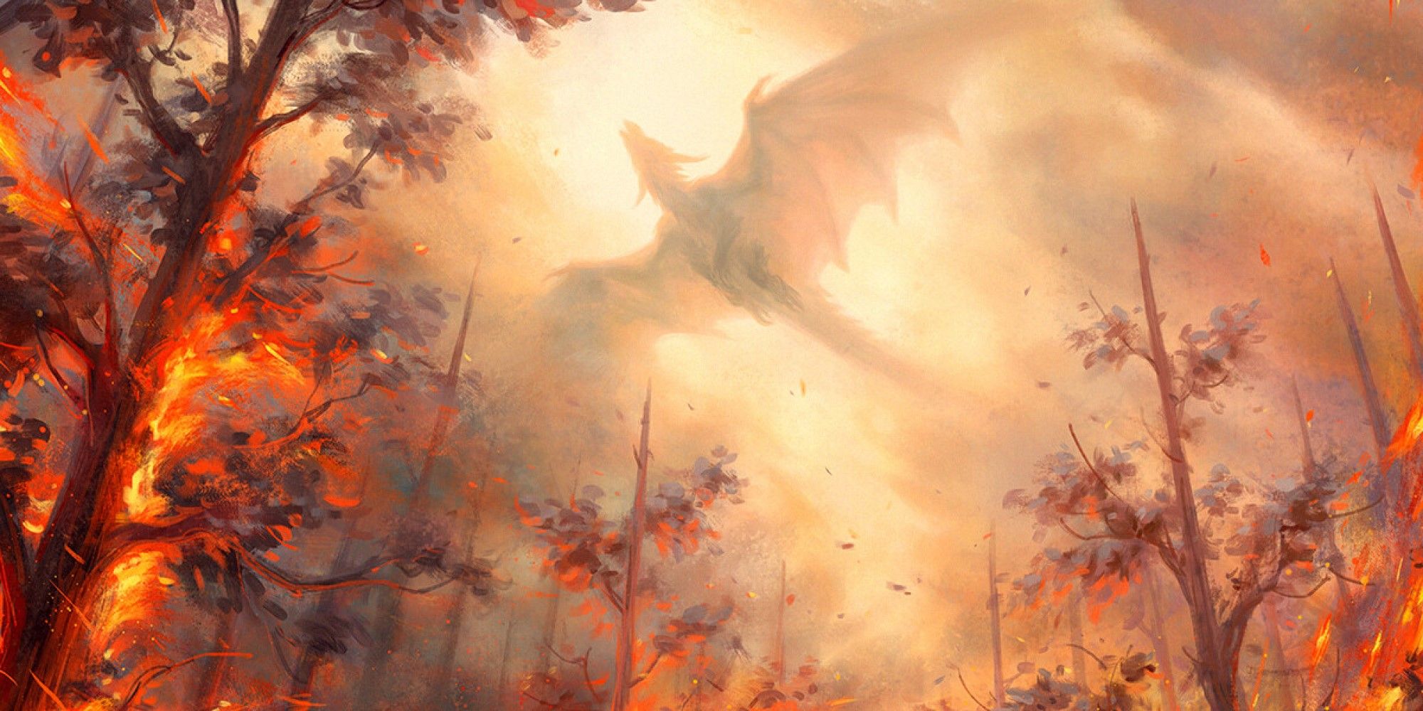 MTG A Dragon flying over a flaming forest