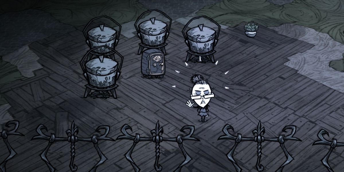 Don't Starve Together Wickerbottom Waving In The Caves Beside Crockpots An Ice Box And Drying Racks
